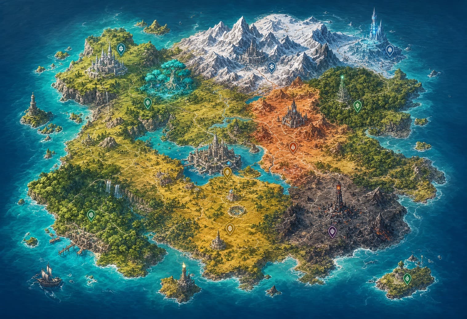 Colorful fantasy universe map for a SerialForge story workspace